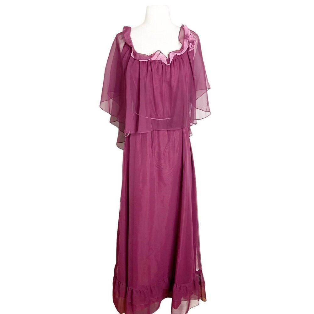 Vintage 70s Size 14 Maxi Dress Burgundy Sheer Overlay Sleeveless Flowy Boho